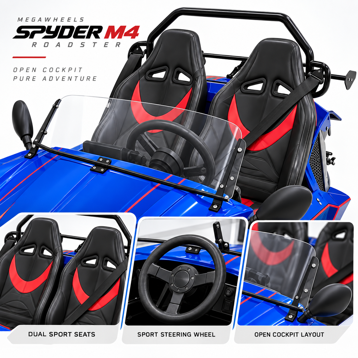 Megawheels Spyder M4 Electric off road Roadster trike car cockpit with dual sport seats, steering wheel, windshield and open air driving layout