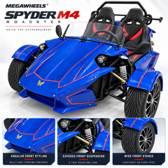 Megawheels Spyder M4 three wheel electric 72 v roadster showing angular front design, exposed suspension and wide alloy wheels