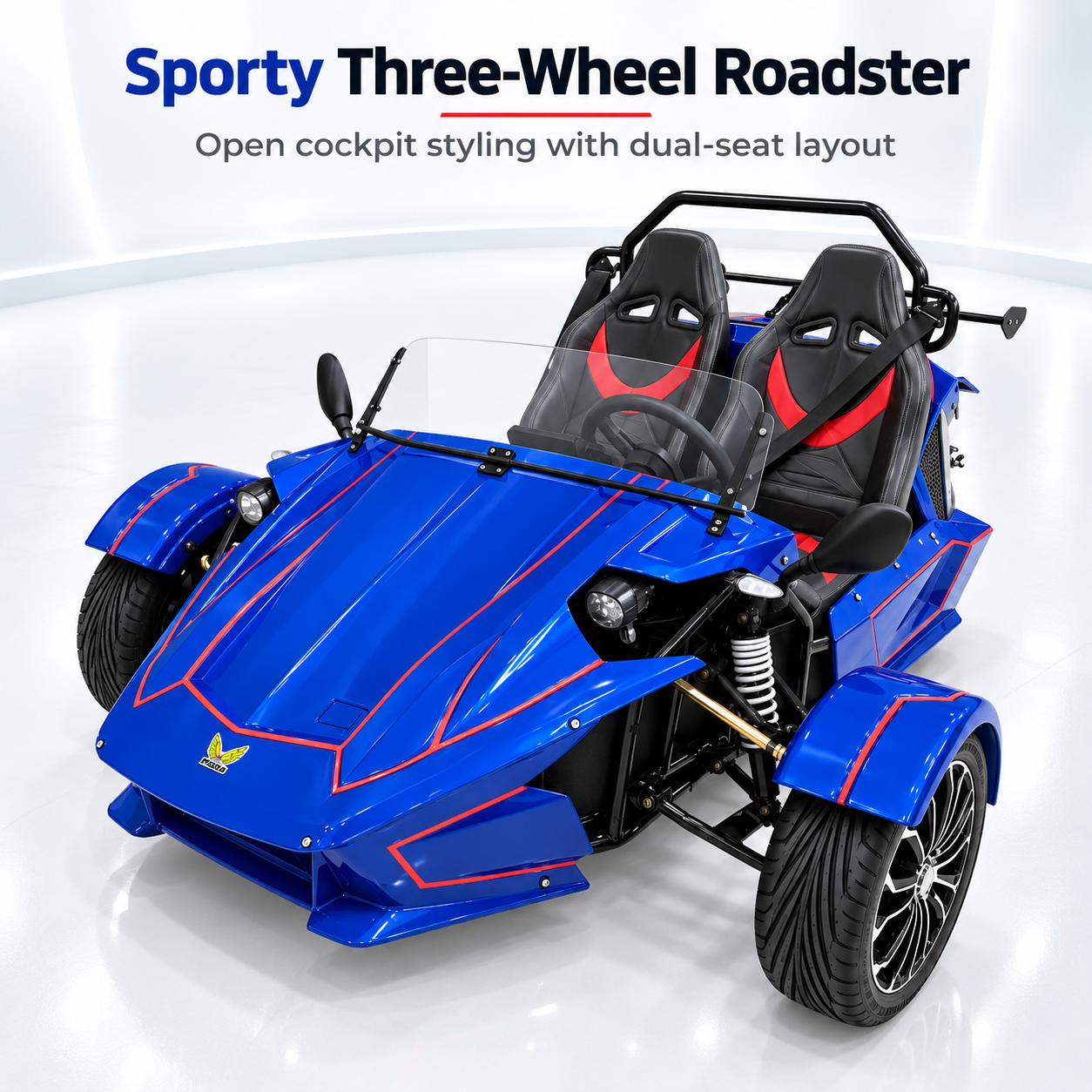 Megawheels Spyder M4 sporty three wheel roadster electric off road car with blue body, red accents, dual seats and open cockpit design