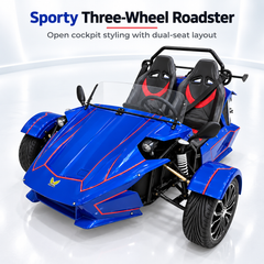 Megawheels Spyder M4 sporty three wheel roadster electric off road car with blue body, red accents, dual seats and open cockpit design