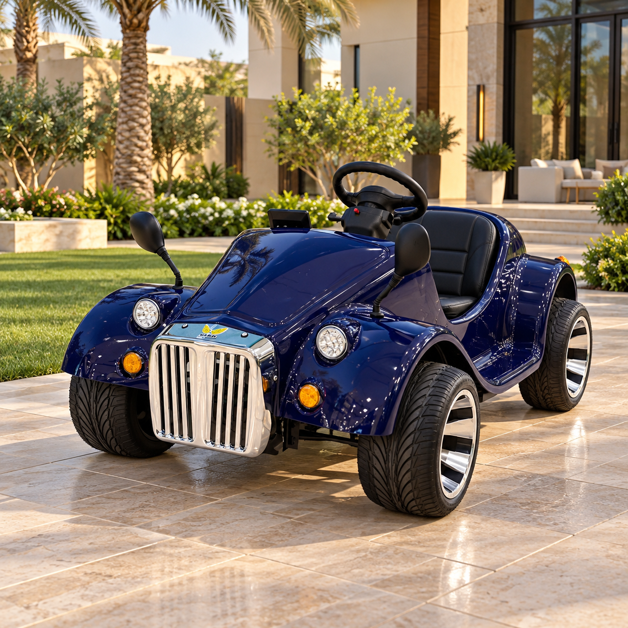 Blue Mini Electric Car Classic style Ev parked in a spacious private recreational area with attractive landscaping and modern architecture