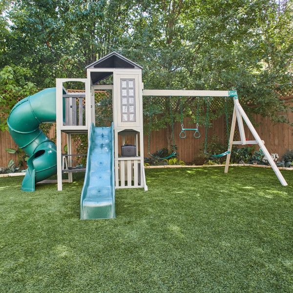 KidKraft Silver Sands Wooden Swing Set Treehouse with 2 levels at Rafplay, 561 x 334 x 269 cm