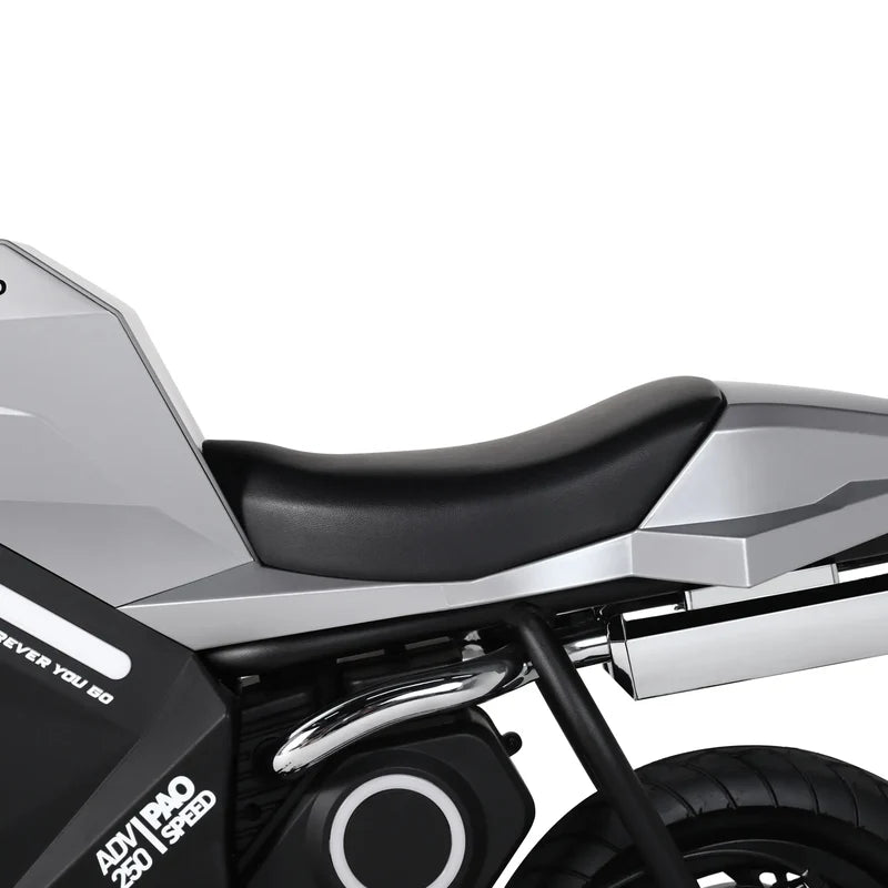 Close-up of a motorcycle seat and front wheel
