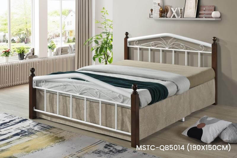 Megastar Wooden Steel King Size Bed without Mattress, Natural Brown Legs -150x190 cm-white