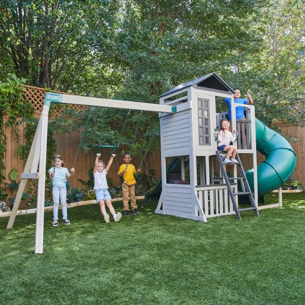 KidKraft Silver Sands Wooden Swing Set Treehouse with 2 levels at Rafplay, 561 x 334 x 269 cm