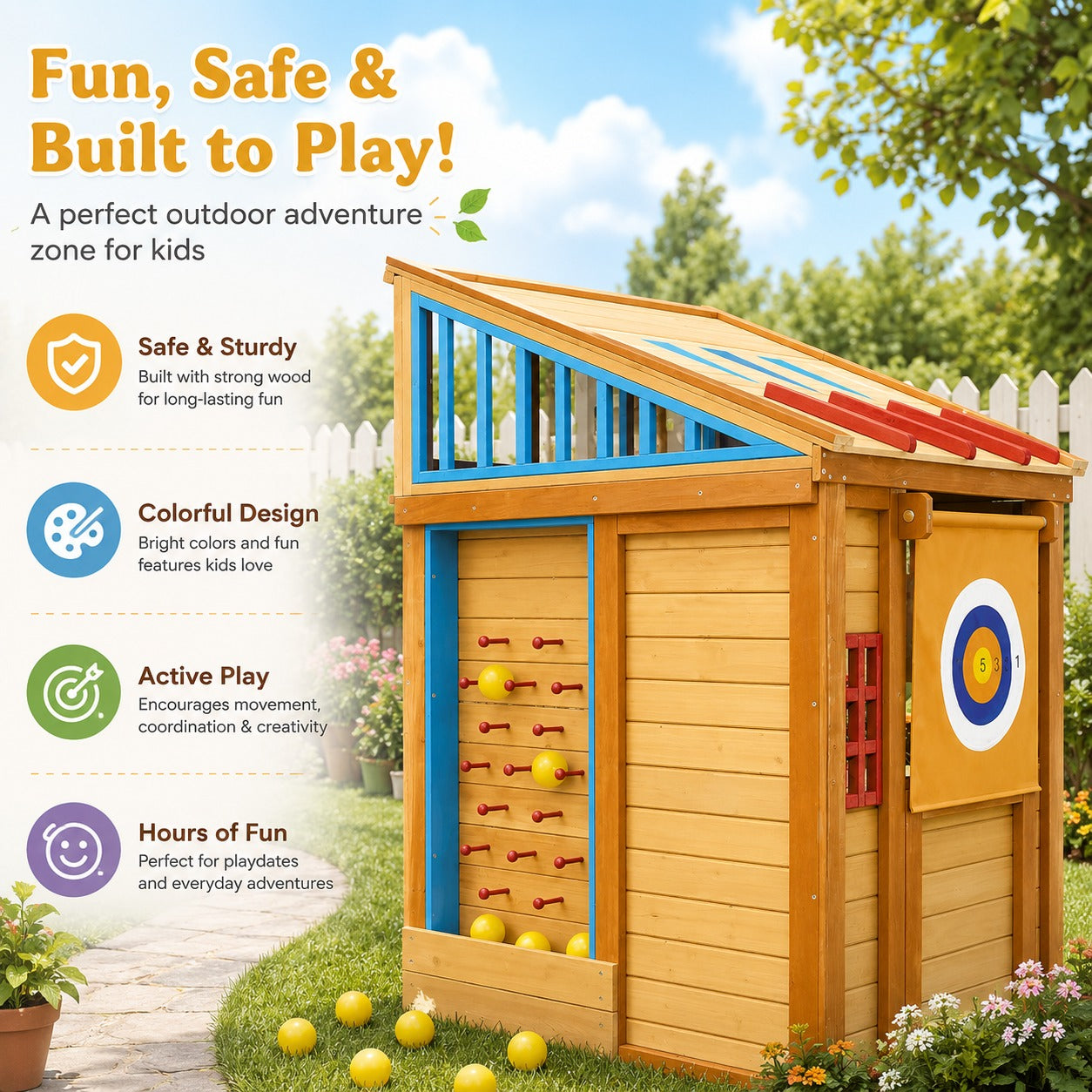 Customised outdoor Wooden playhouse for kids with colorful design
