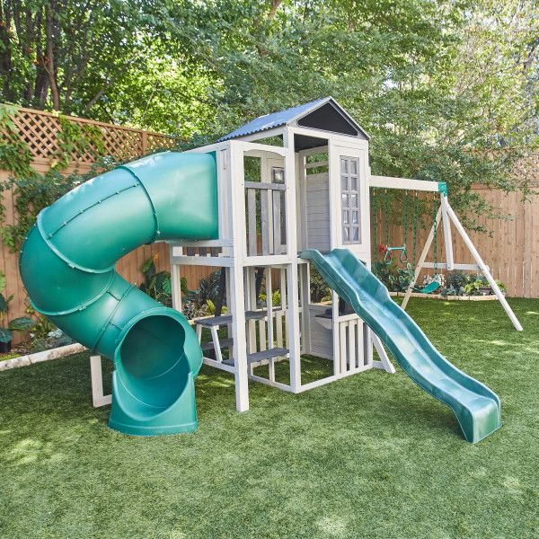 KidKraft Silver Sands Wooden Swing Set Treehouse with 2 levels at Rafplay, 561 x 334 x 269 cm