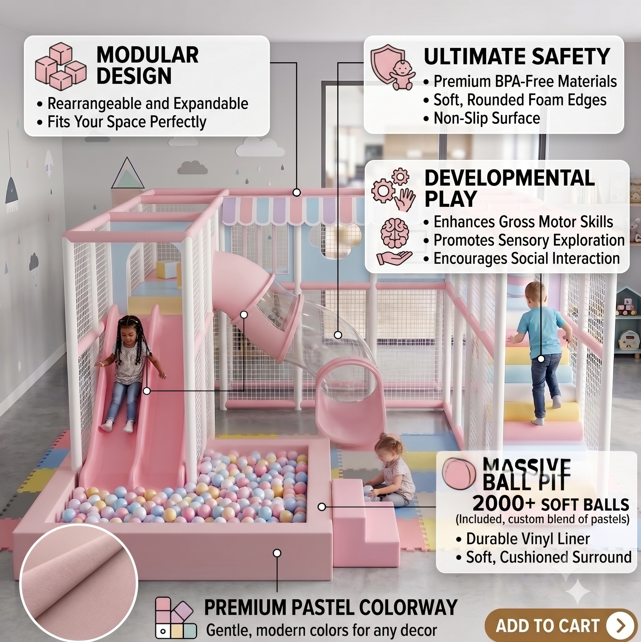 Multi Colour Pink,blue ,white Megastar Kidzora Mega Play Arena with features – Premium Kids Indoor Playground with Slide, Ball Pit & Basketball Hoop, 6.0m × 5.0m × 2.5m 
