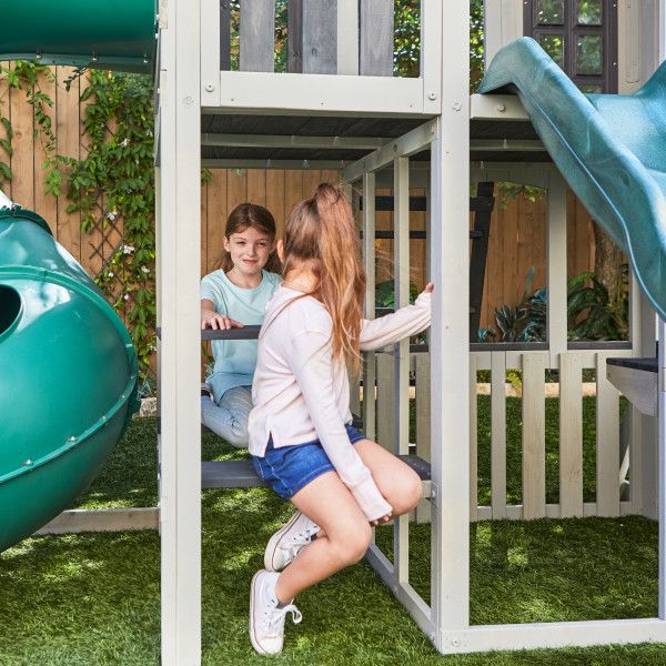 KidKraft Silver Sands Wooden Swing Set Treehouse with 2 levels at Rafplay, 561 x 334 x 269 cm