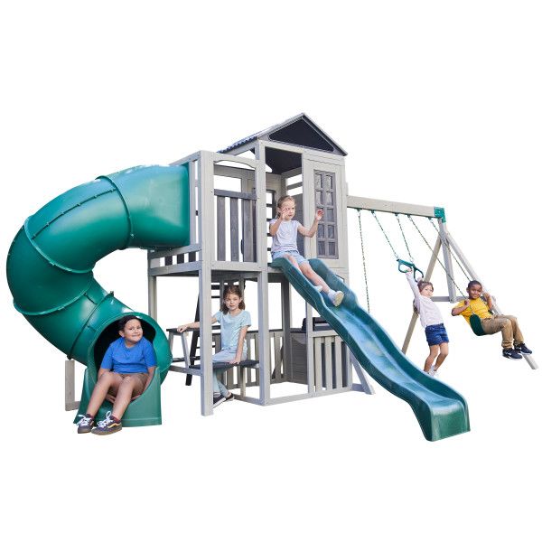 KidKraft Silver Sands Wooden Swing Set Treehouse with 2 levels at Rafplay, 561 x 334 x 269 cm