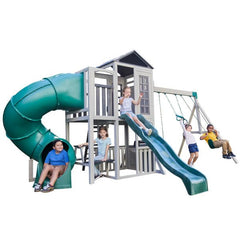KidKraft Silver Sands Wooden Swing Set Treehouse with 2 levels at Rafplay, 561 x 334 x 269 cm
