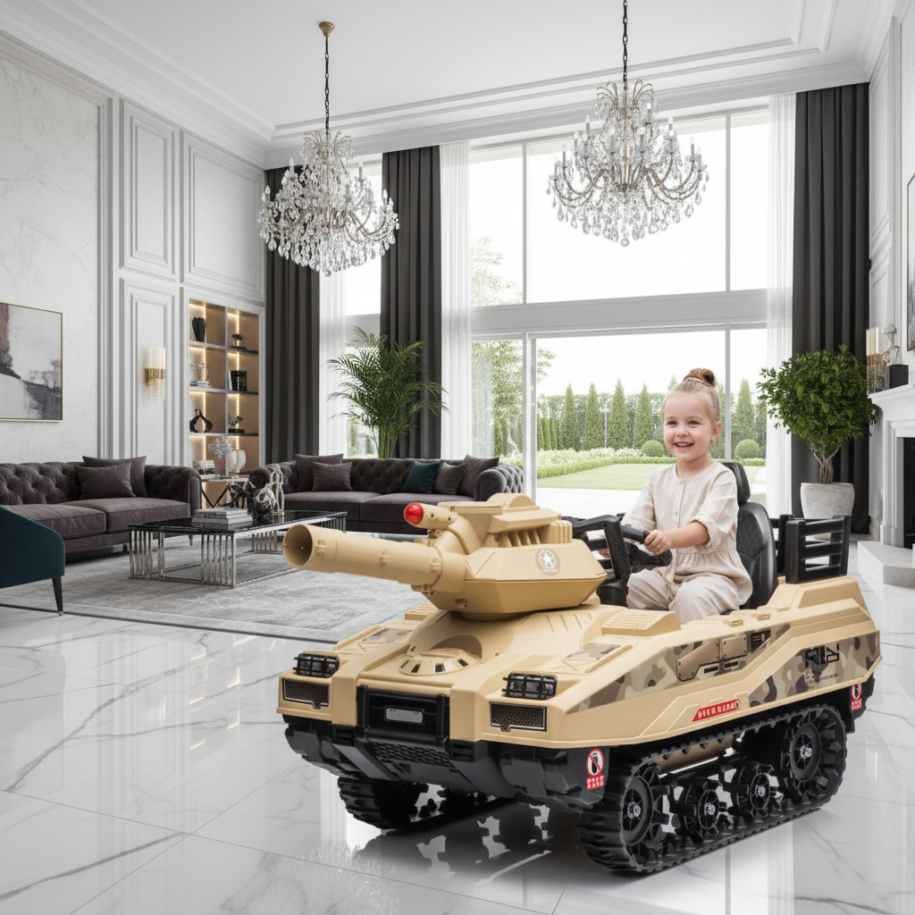 A girl rides on an electric tank car 