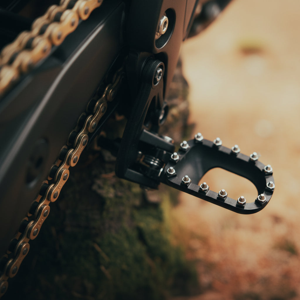 Close-up of a Electric Komodo motorcycle chain and foot peg 