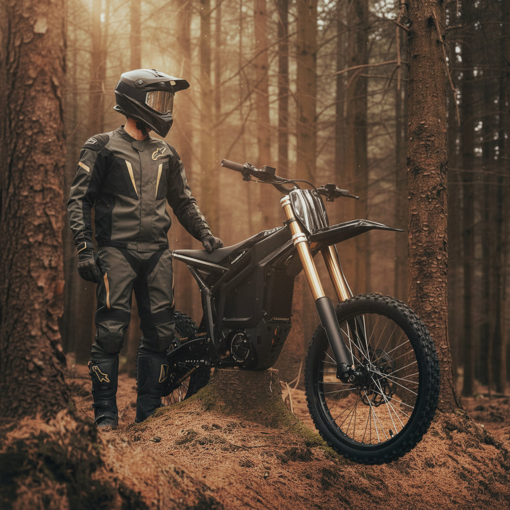 A black Talaria Komodo Off Road electric dirt bike with gold front forks 