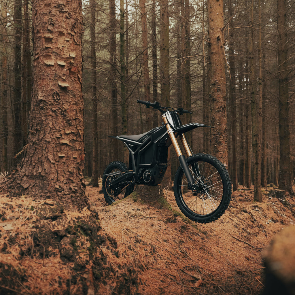 A black off-road electric dirt bike with gold front forks 