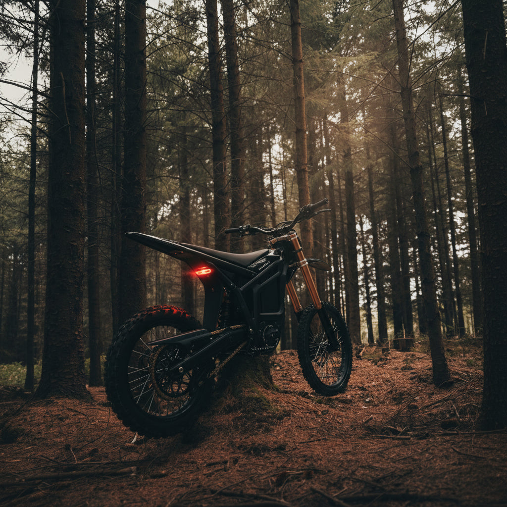 A black off-road electric dirt Motorcycle with orange front suspension forks 