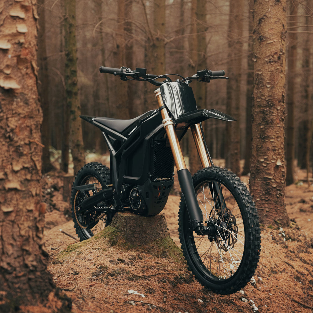 A black electric dirt bike with gold front forks is parked on a dirt path 