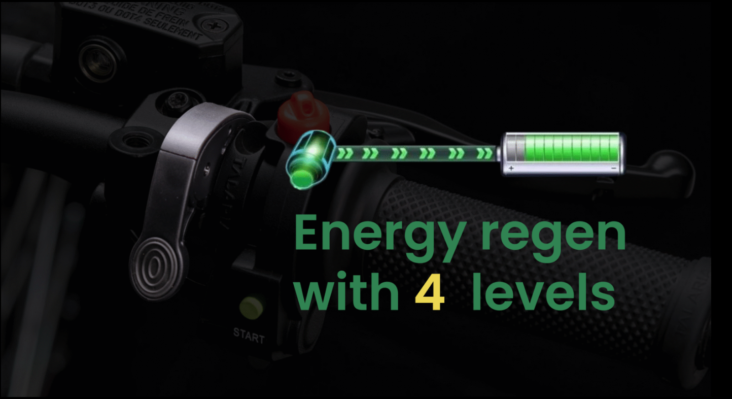 Close-up of a motorcycle handlebar area with a green battery-style graphic 