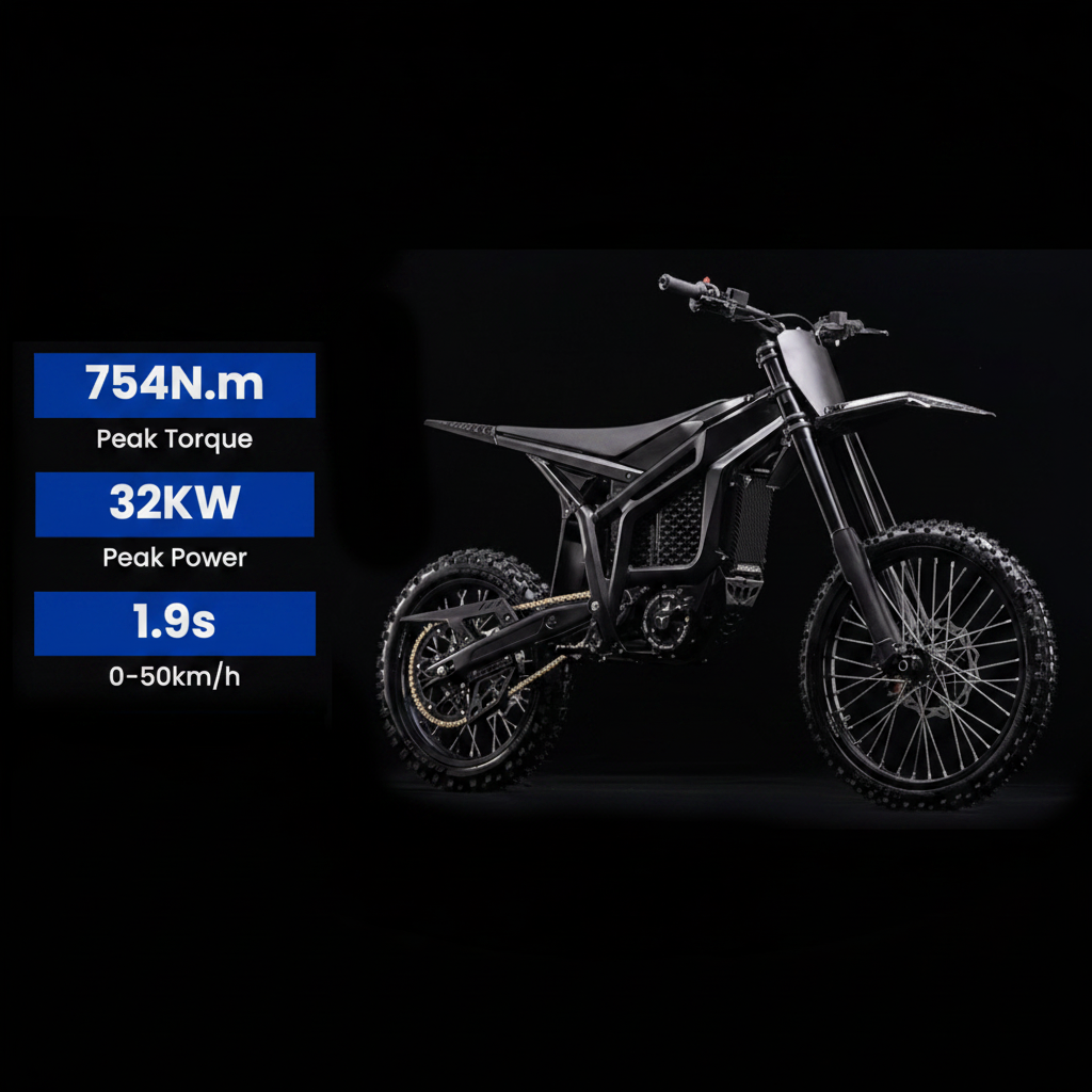 An electric dirt bike peak torque of 754N.m, peak power of 32KW, and 0-50km/h acceleration of 1.