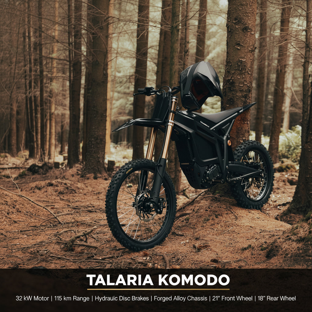 A black TALARIA KOMODO Off-Road Electric Dirt Bike parked on a forest path