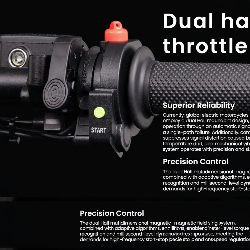 Close-up of a motorcycle throttle control with text on reliability and precision.