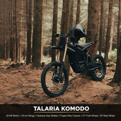 A black TALARIA KOMODO Off-Road Electric Dirt Bike parked on a forest path