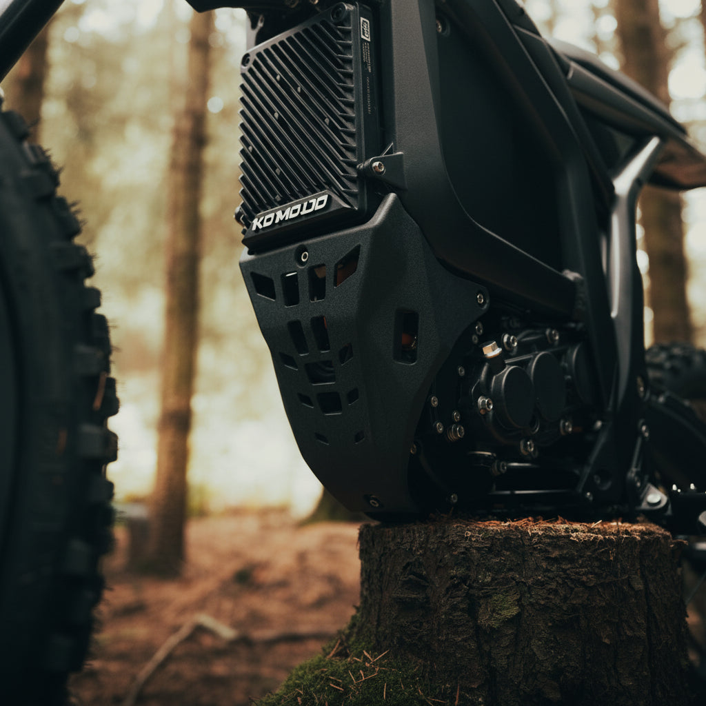 Close-up of across motorcycle with 'KOMADO' branding, Engine 