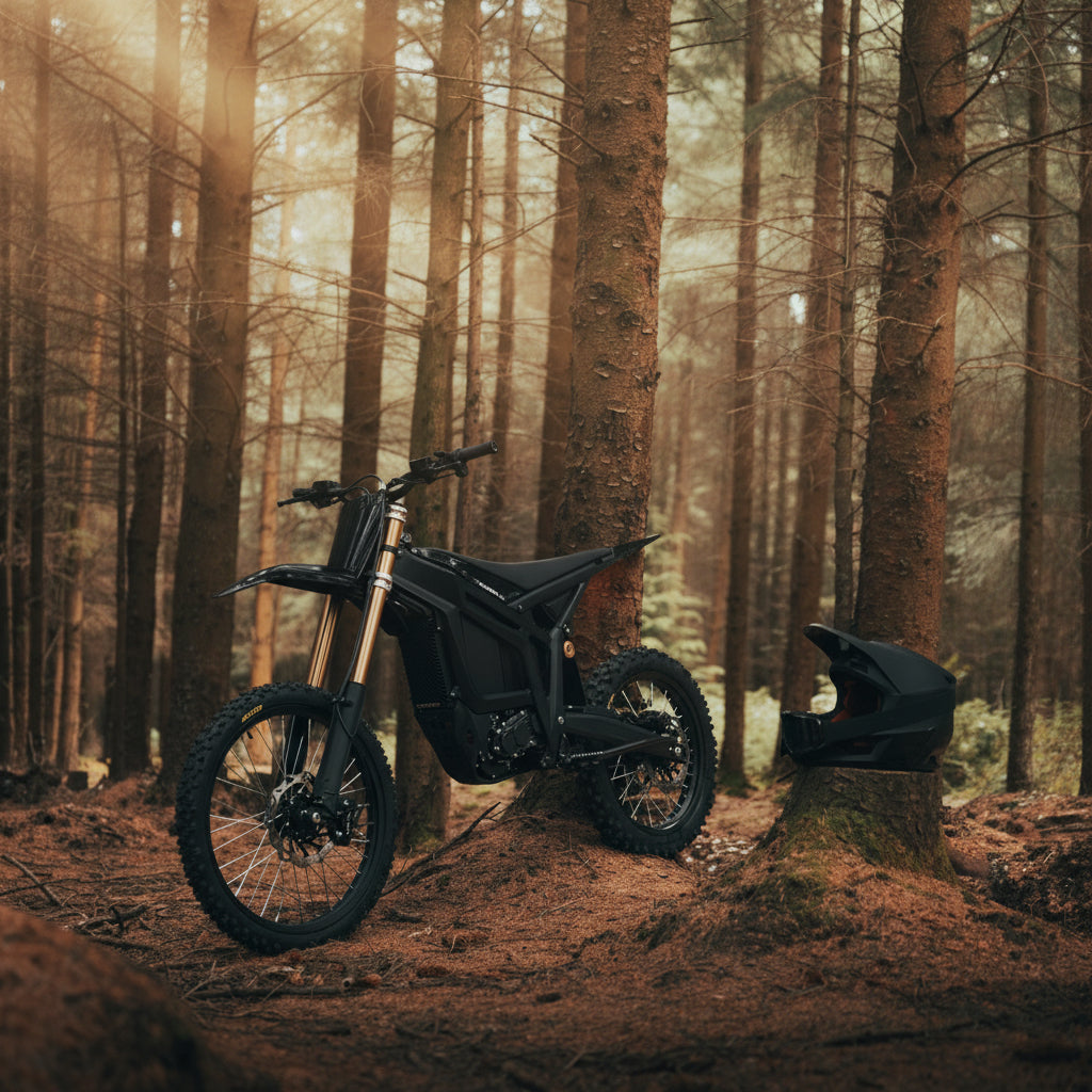 A black TALARIA KOMODO Off Road Electric Dirt Bike High Performance Off Road Electric Motorcycle is parked on a forest path 