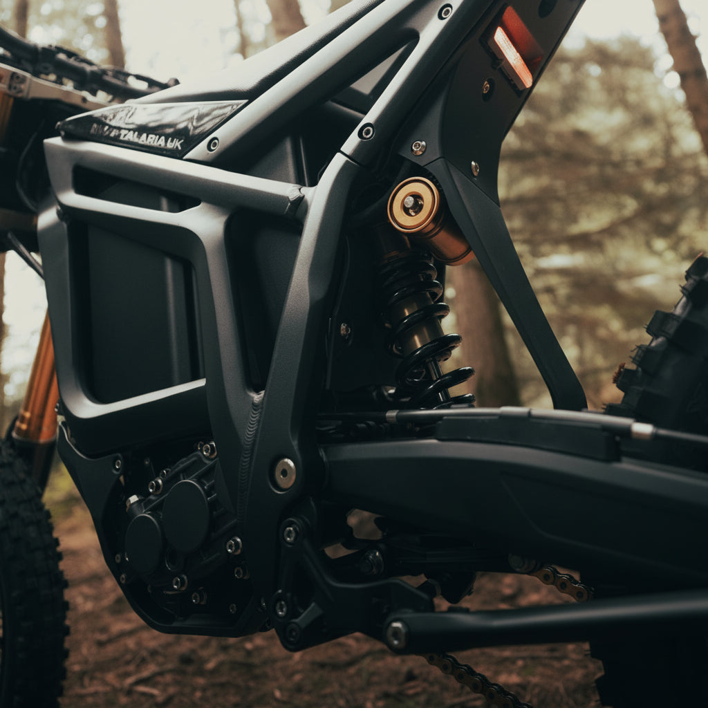 Close-up of a desert electric motorcycle's suspension system
