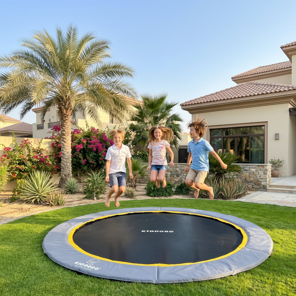 Children playing on a 10 ftKIDDORO In-Ground Trampoline in the house 
