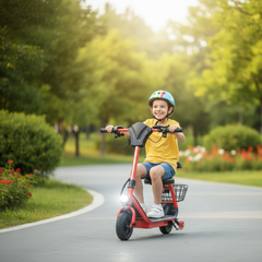 Child riding Kugoo A1 electric scooter with a basket