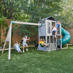 KidKraft Silver Sands Wooden Swing Set Treehouse with 2 levels at Rafplay, 561 x 334 x 269 cm