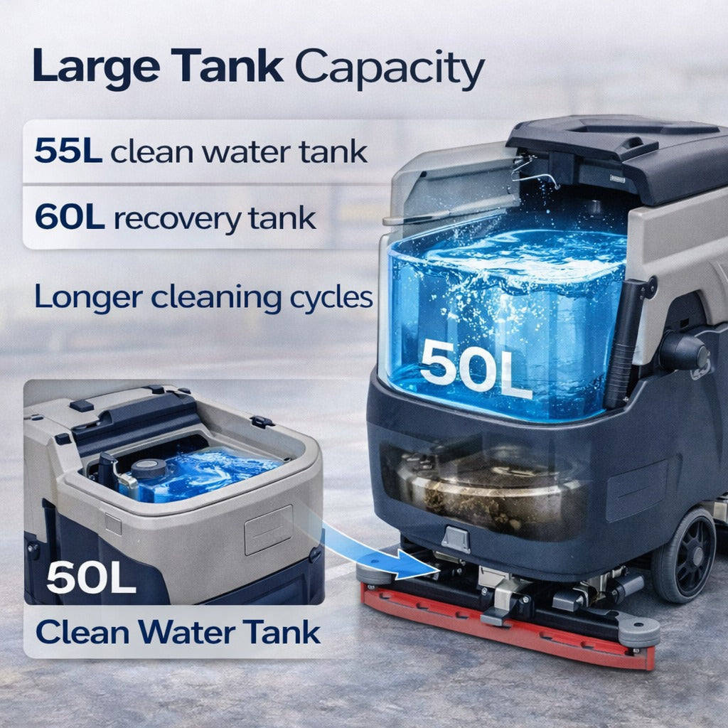 Cleaning machine with large water tanks, capacity and cleaning cycles.