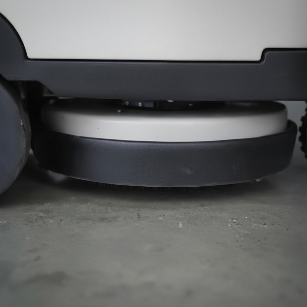 Close-up of a robot vacuum cleaner on a concrete floor