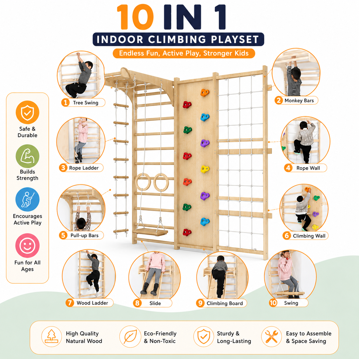 Megastar Wooden Swedish Ladder Wall Gym Set with 10 Activities for Kids