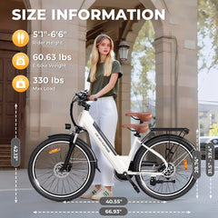 E-bike with size information displayed, including rider height, e-bike weight, and max load.