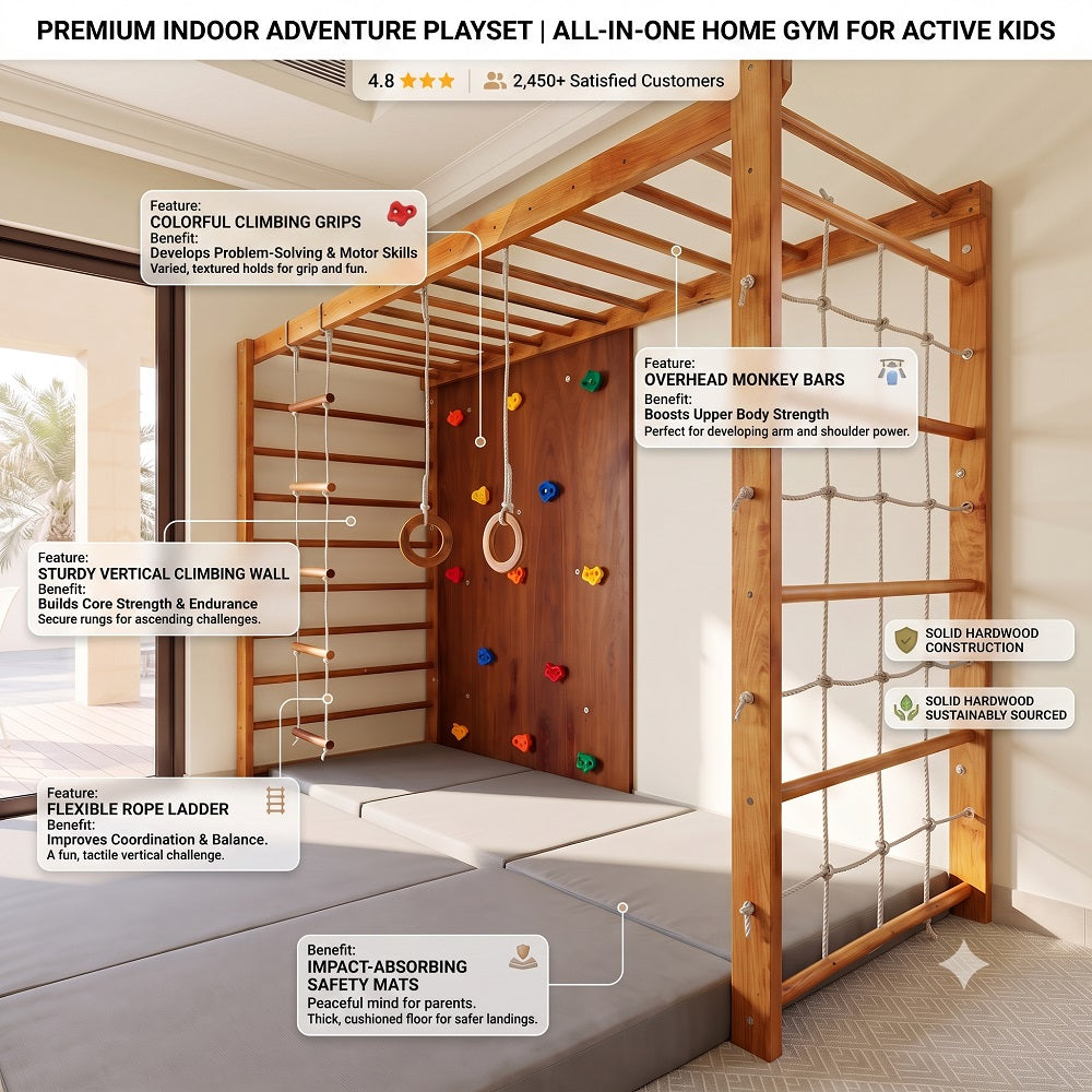 Detailed Information of Wooden Climbing Frame Home Sensory gym With Monkey Bars Trapeze bars and climbing wall 