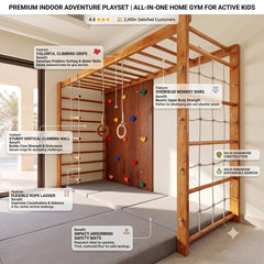 Detailed Information of Wooden Climbing Frame Home Sensory gym With Monkey Bars Trapeze bars and climbing wall 
