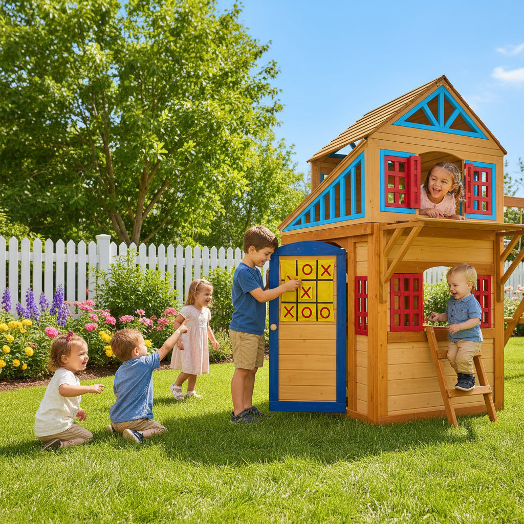 Children playing with a tic-tac-toe game on a customied wooden playhouse door.