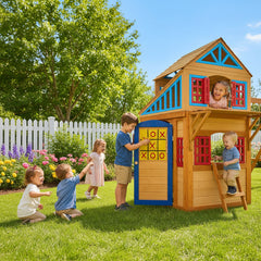 Children playing with a tic-tac-toe game on a customied wooden playhouse door.