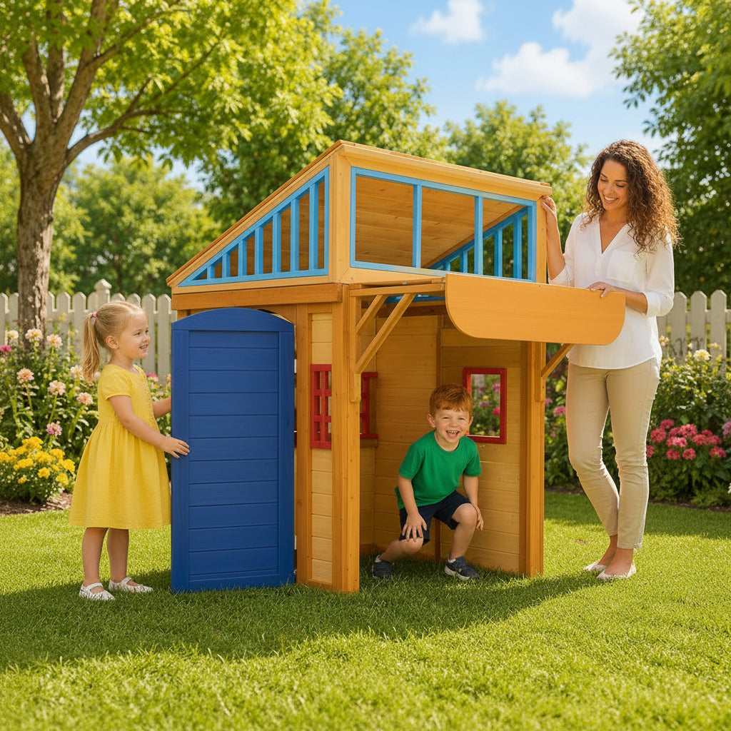 Kids playing with a wooden playhouse in a garden