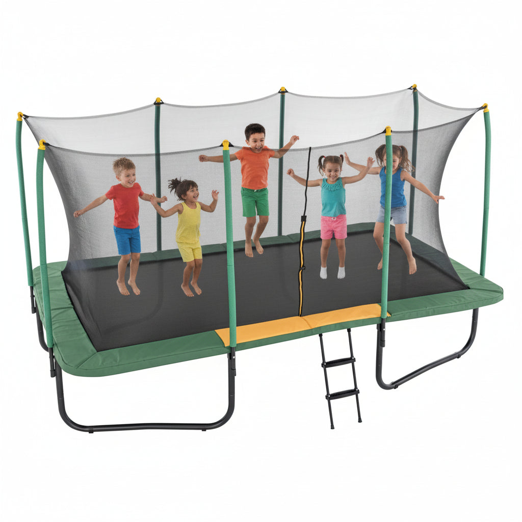 Rectangular trampoline with safety net, ladder