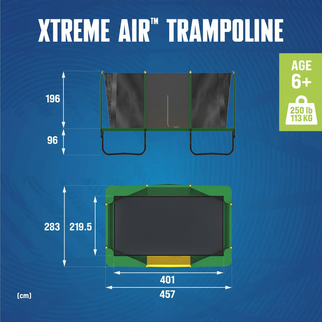 Measurement chart of an Xtreme Air trampoline with dimensions