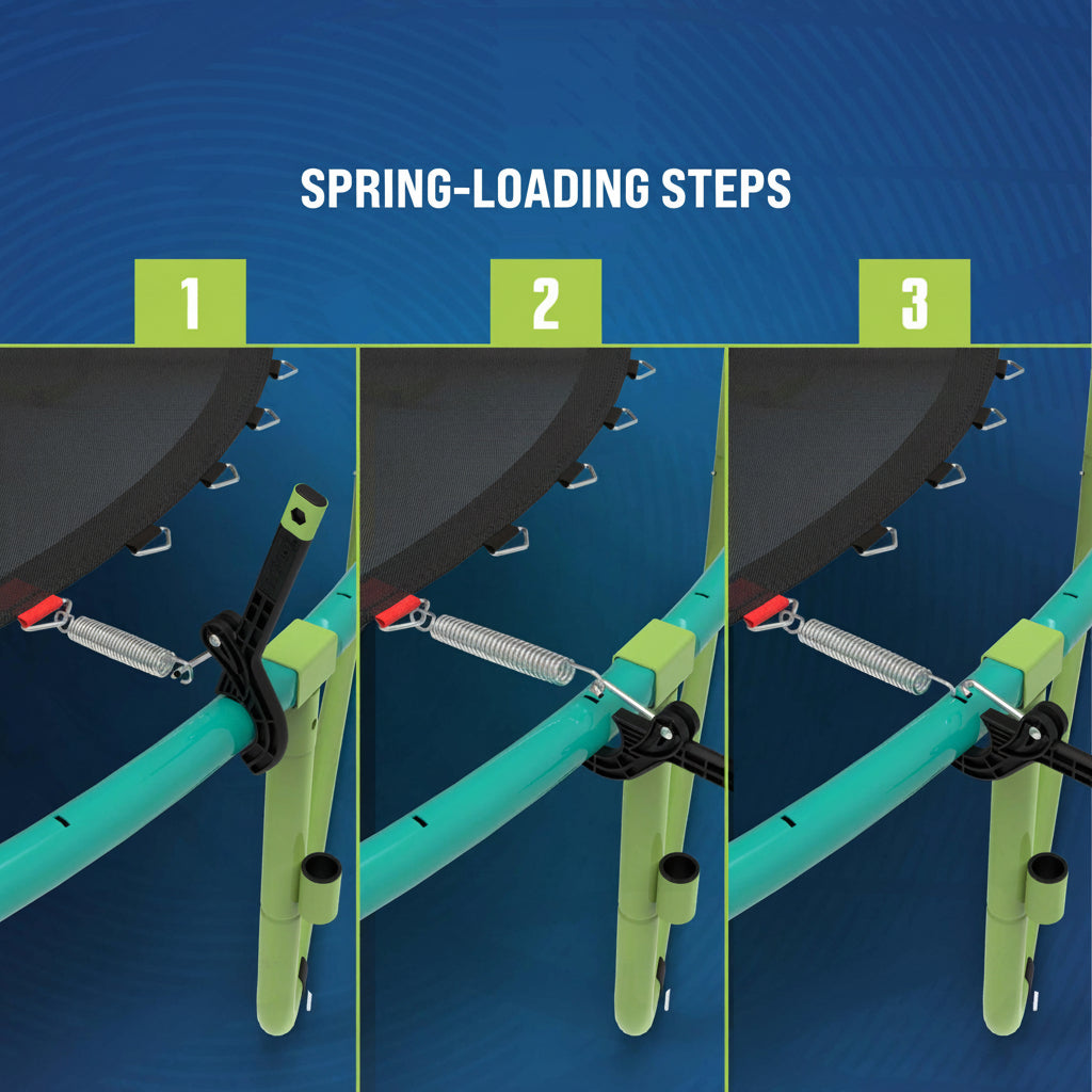 Step-by-step process of setting up an Xtreme Air trampoline with spring-loading steps