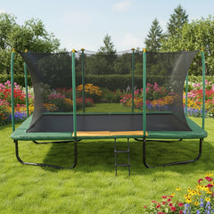 Green trampoline with safety net and ladder