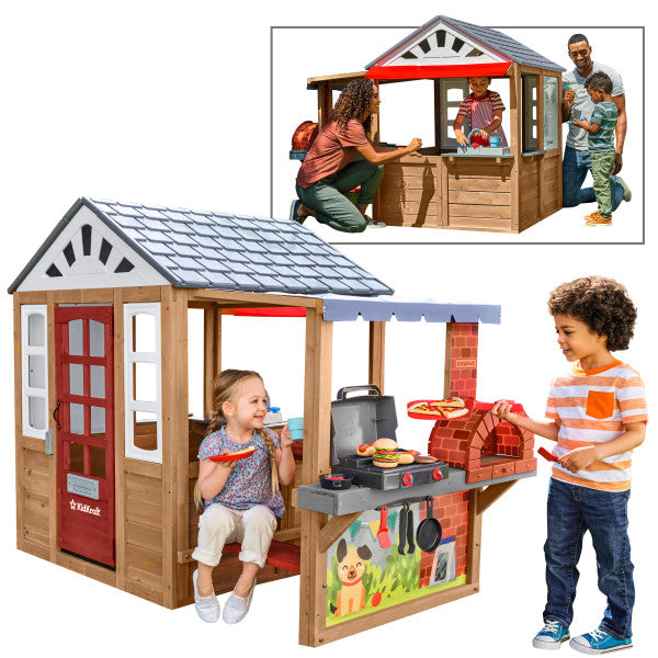 Children's playhouse with a grill and toys, featuring family activities