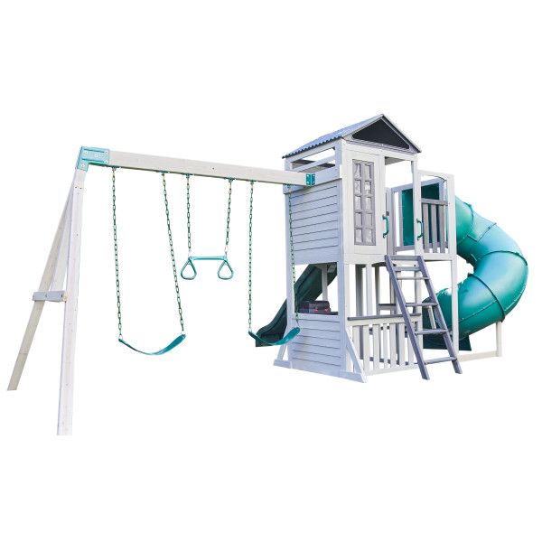 KidKraft Silver Sands Wooden Swing Set Treehouse with 2 levels at Rafplay, 561 x 334 x 269 cm
