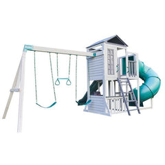 KidKraft Silver Sands Wooden Swing Set Treehouse with 2 levels at Rafplay, 561 x 334 x 269 cm