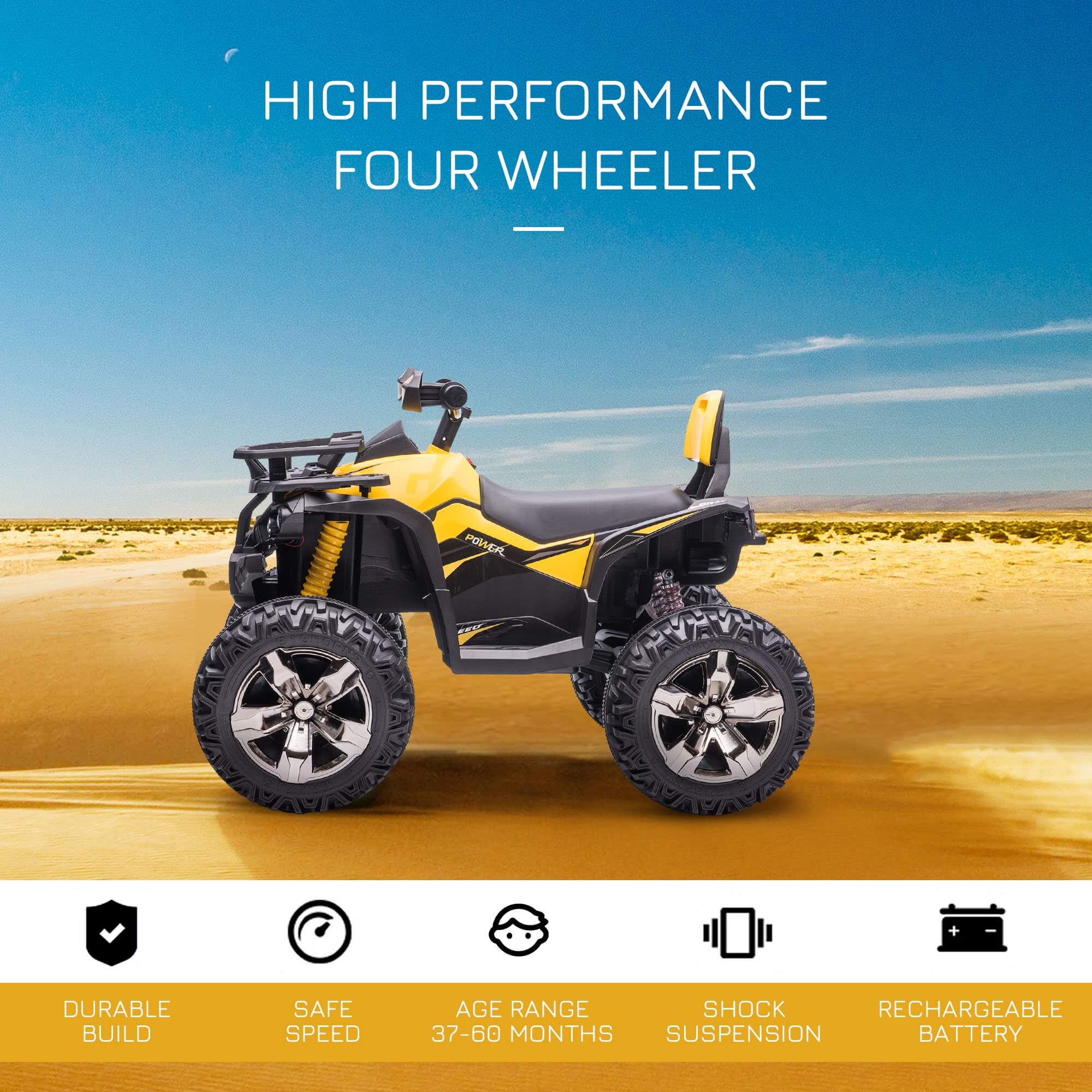 Megastar Ride on 12V Kids Battery-Powered Outlander ATV Quad with Wide Wheels & Back rest-Yellow