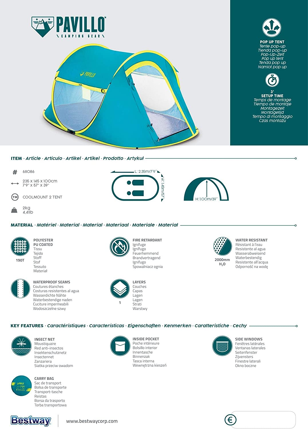 بيست واي خيمة بافيلو كول 2P 2.35 م × 1.45 م × 1.00 م
